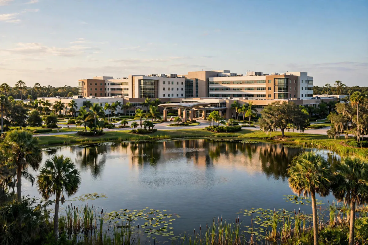 Regional medical center in Lakeland, Florida, seen across a lake with palm trees along the shore in warm late-afternoon light — Rafferty Domnick Cunningham & Yaffa