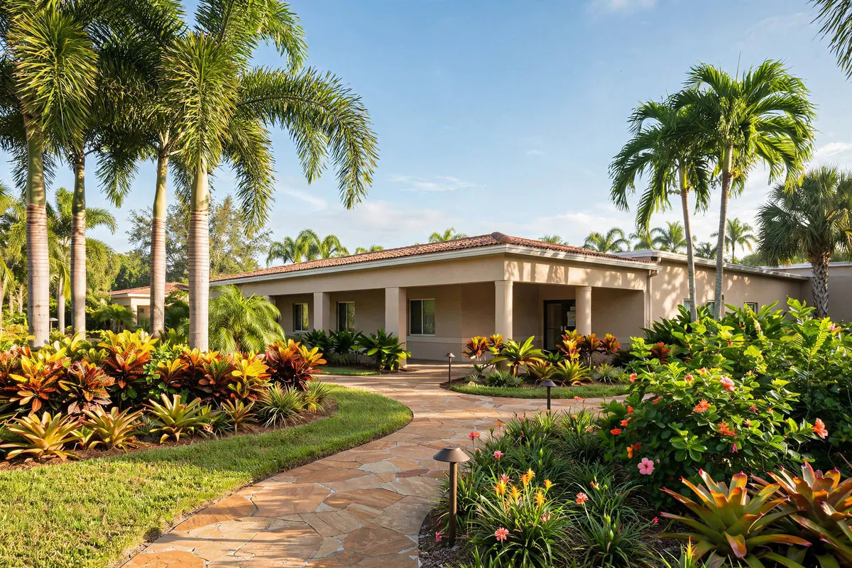 Nursing home and skilled nursing residence exterior with royal palms and a stone walkway in Lauderhill, Florida