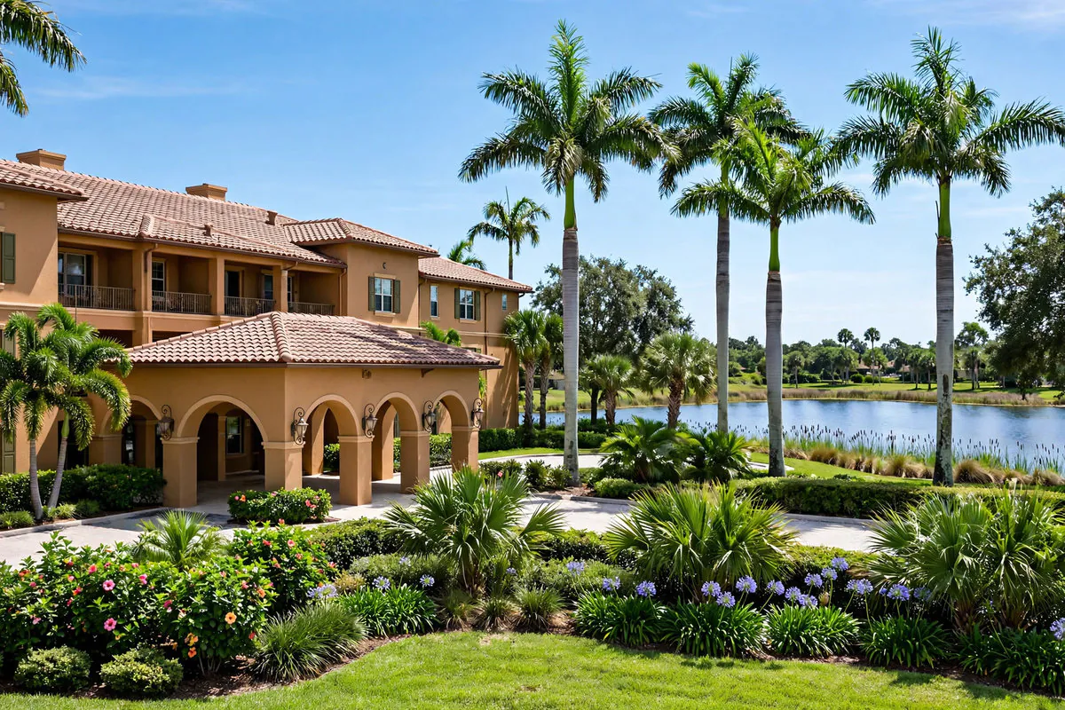 Mediterranean-style senior care residence with an arched covered entry, royal palms, and a lake in Royal Palm Beach, Florida