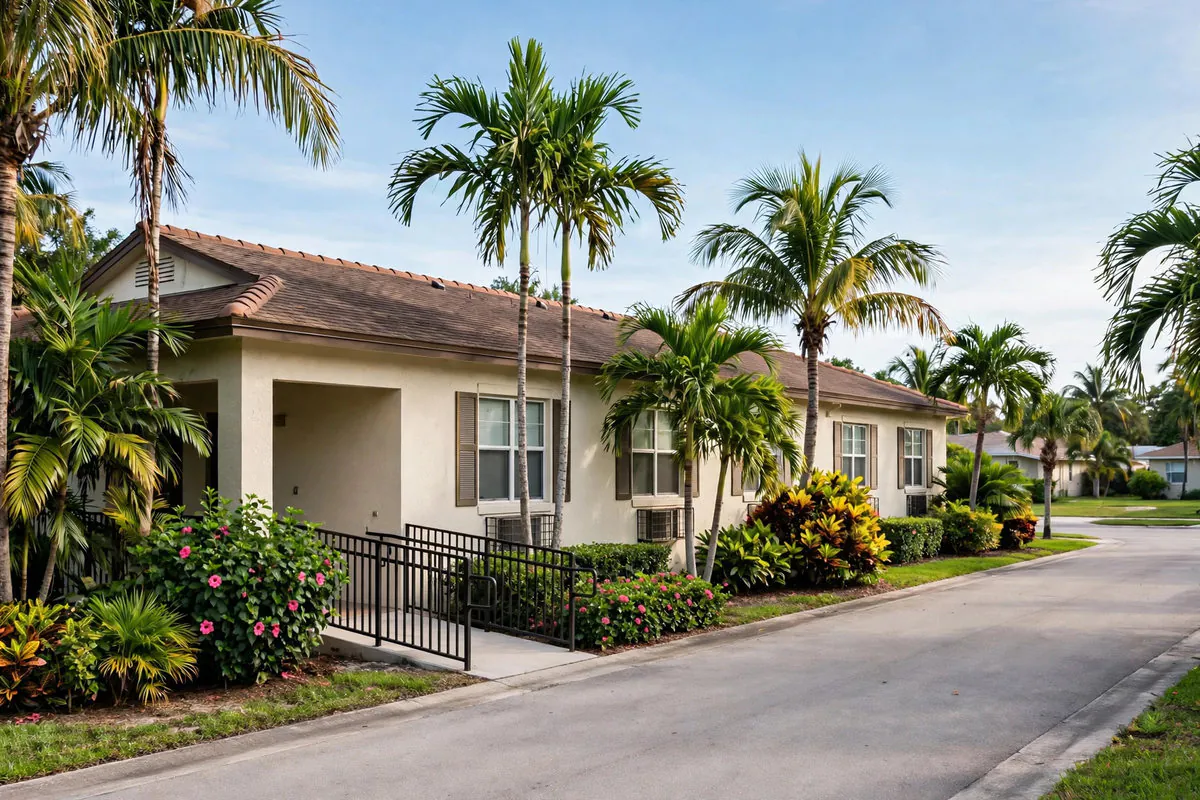 Senior care residence in Lauderdale Lakes, Florida, on a quiet residential street with palm trees