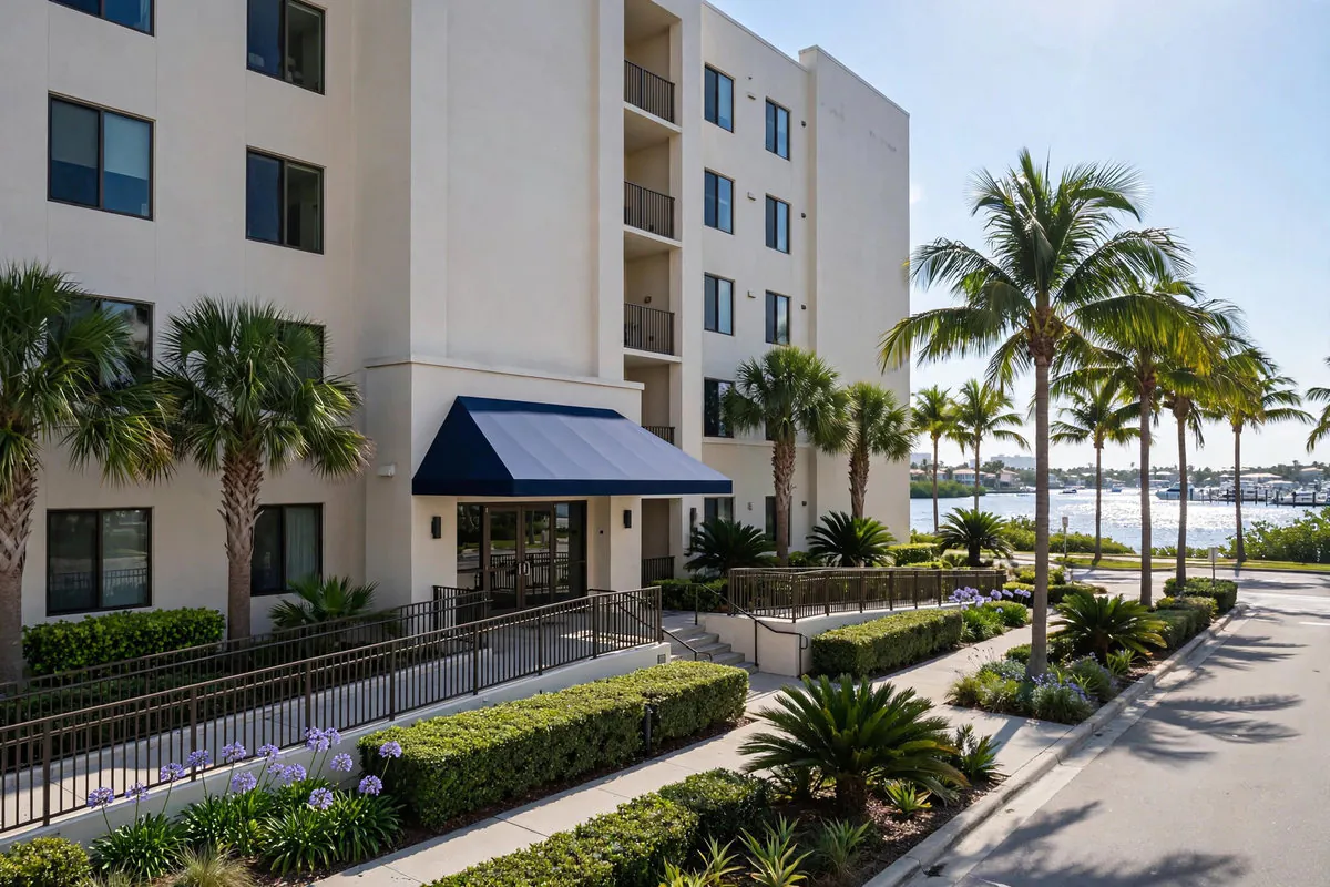 Mid-rise nursing home residence with an awning entrance and palm trees near the Intracoastal in Riviera Beach, Florida