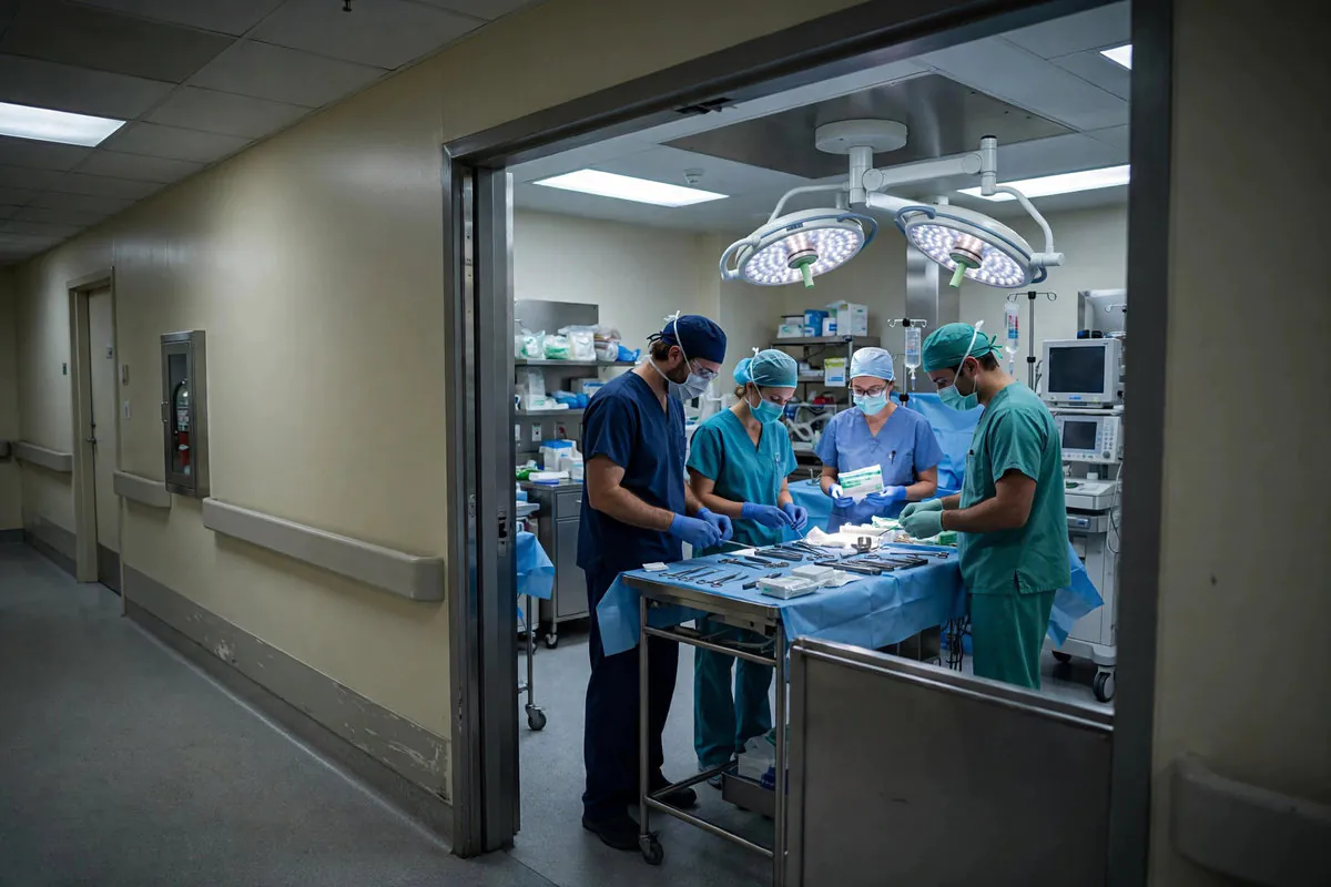 Surgical team preparing instruments in an operating room at a hospital in Margate, Florida, seen from the corridor