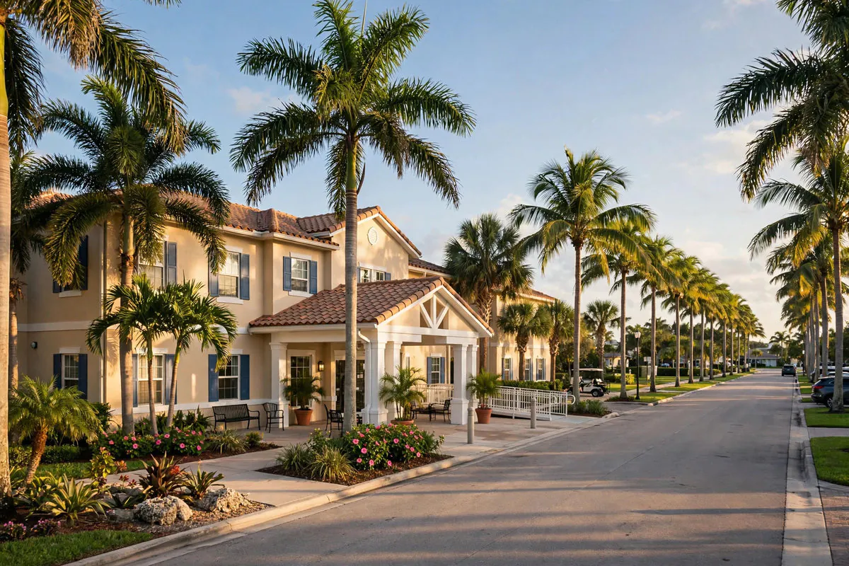 Coastal senior care residence in Hollywood, Florida, along a palm-lined boulevard in warm afternoon light
