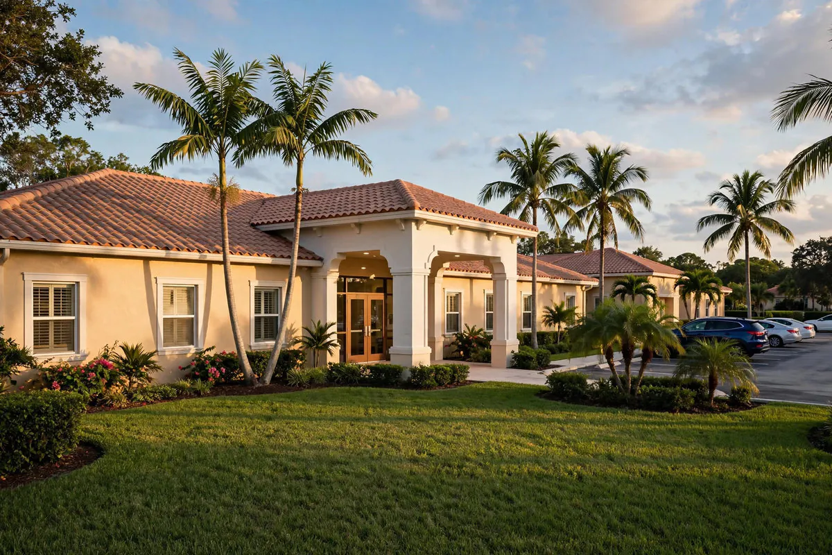 Nursing home and senior rehabilitation residence exterior with palm trees and a tiled roof in Tamarac, Florida