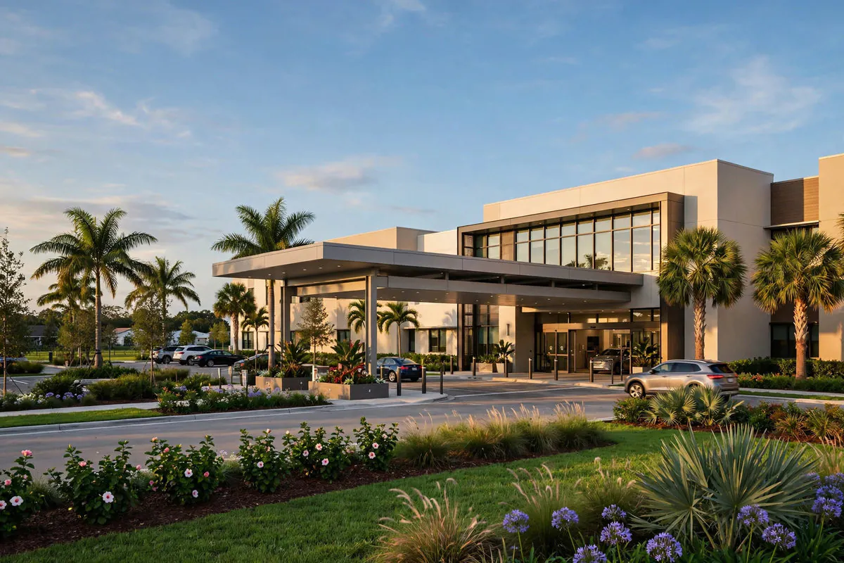 Community hospital entrance in Lauderdale Lakes, Florida, with palm trees and a covered patient drop-off at golden hour — Rafferty Domnick Cunningham & Yaffa