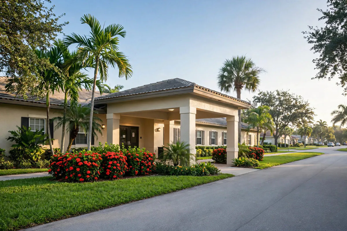 Single-story nursing home residence with a covered drop-off canopy, palm trees, and flowering shrubs in Greenacres, Florida