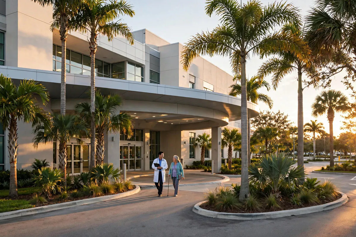 Hospital entrance in Lauderhill, Florida, with a doctor walking beside a patient beneath palm trees at golden hour