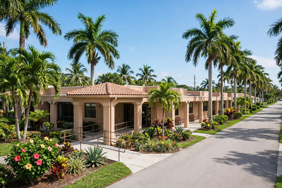 Nursing home and senior care residence in Plantation, Florida, with shaded walkways and palm trees