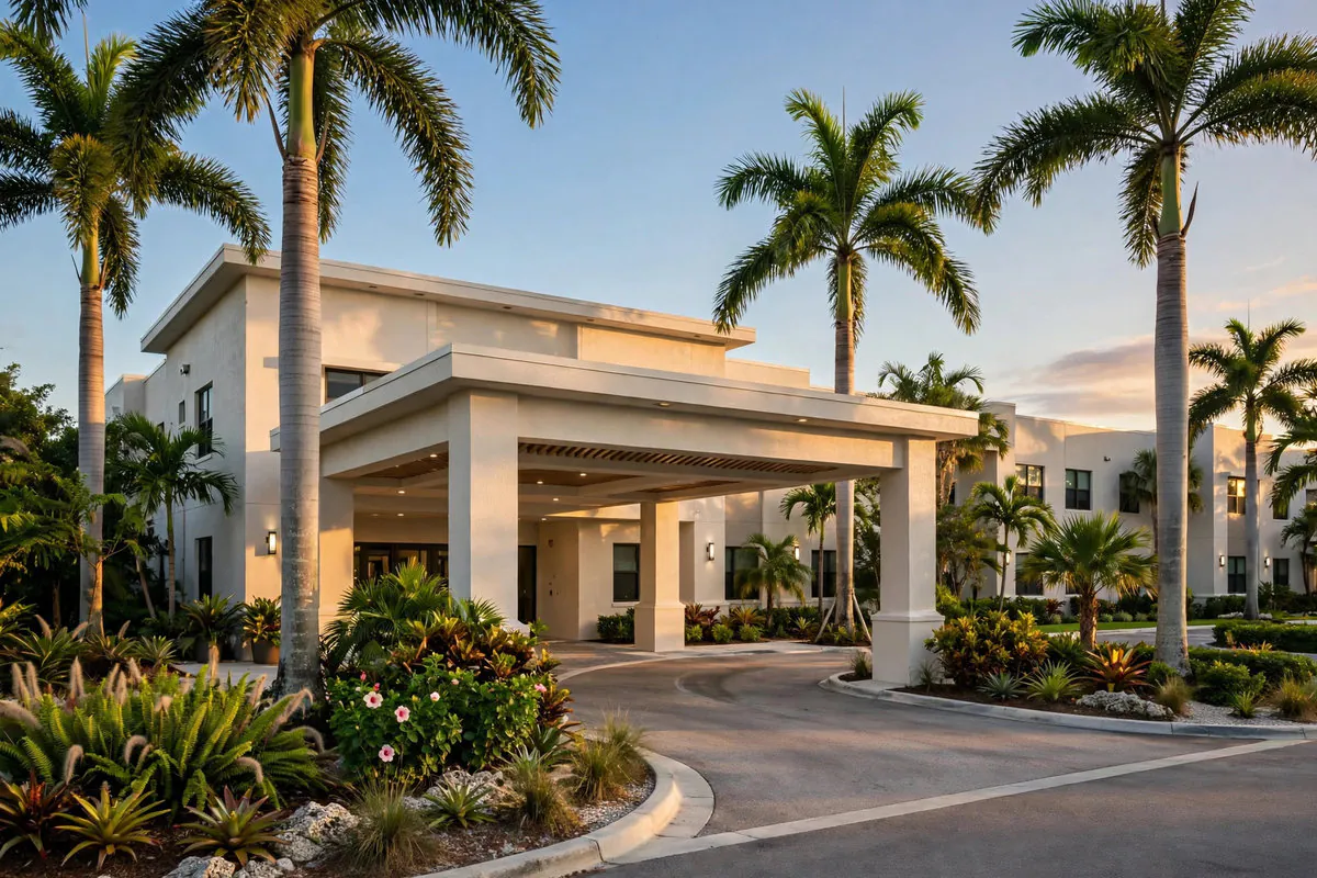 Modern Florida nursing home residence with a covered drop-off entrance and royal palm trees in Miramar, Florida — Rafferty Domnick Cunningham & Yaffa