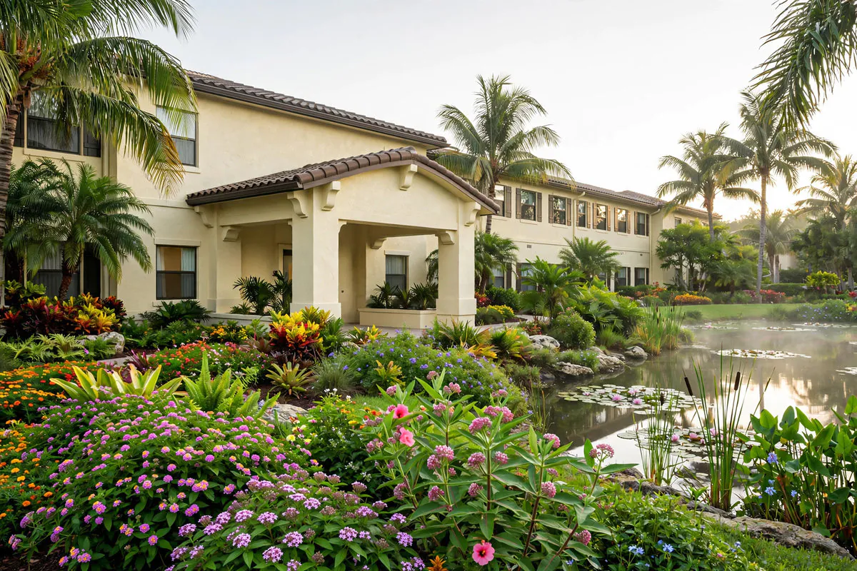 Two-story nursing home and senior living residence beside a pond with flower gardens in Coconut Creek, Florida