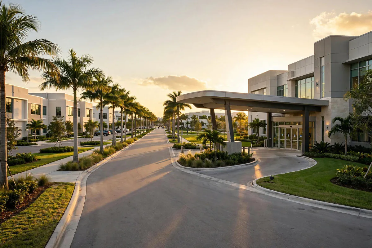 Medical campus entrance in Sunrise, Florida — palm-lined drive and modern medical buildings at golden hour