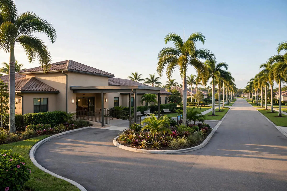 Suburban senior care residence in Sunrise, Florida, with a covered drop-off and palm trees
