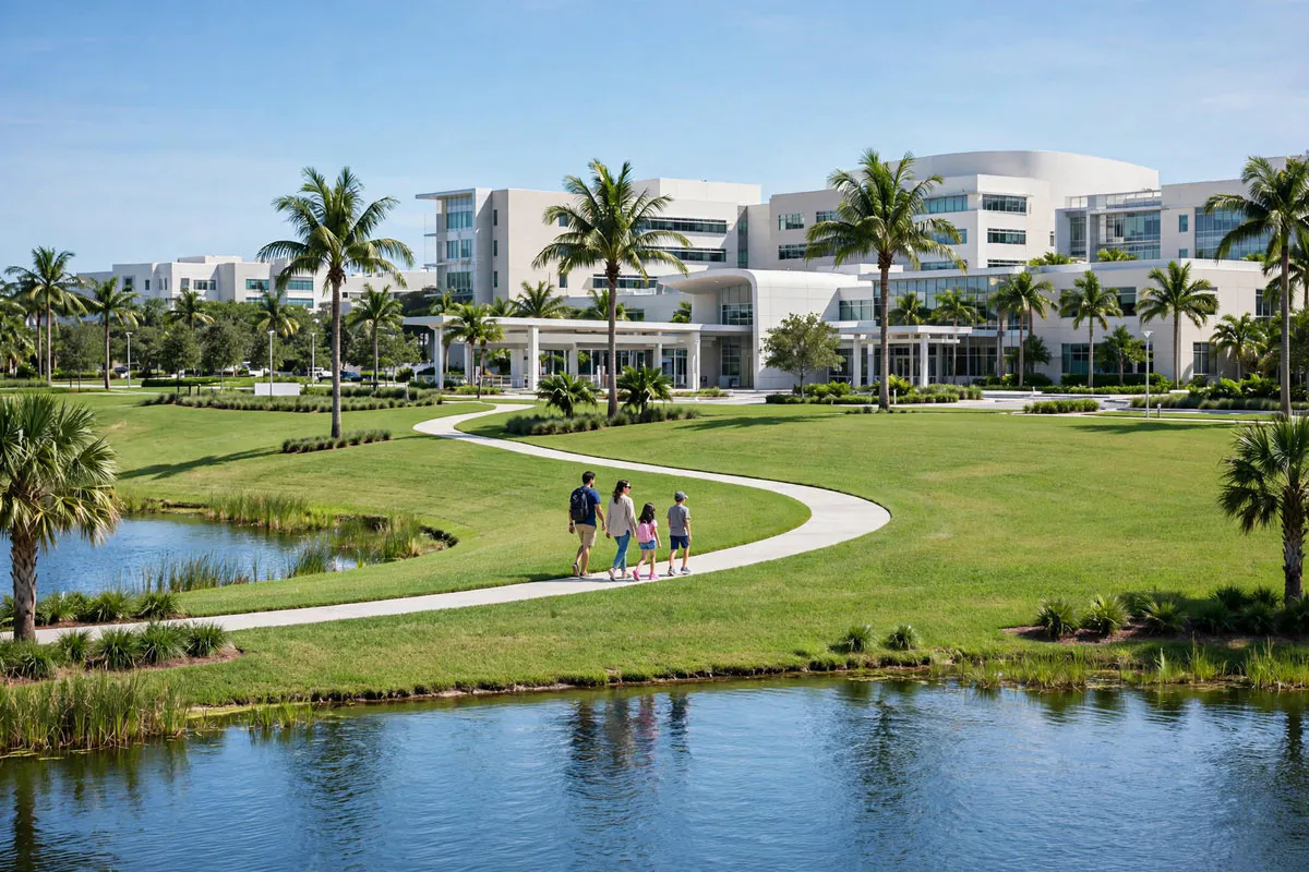 Medical campus in Weston, Florida, with a family walking a lakeside path toward a modern hospital building lined with palm trees