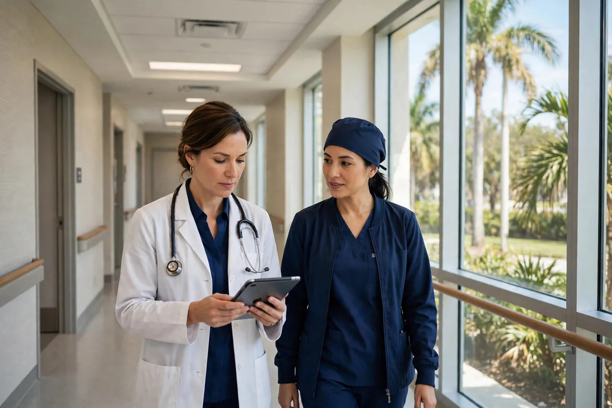 Doctor reviewing a tablet with a nurse in a bright hospital corridor in Tamarac, Florida, palm trees visible through the windows