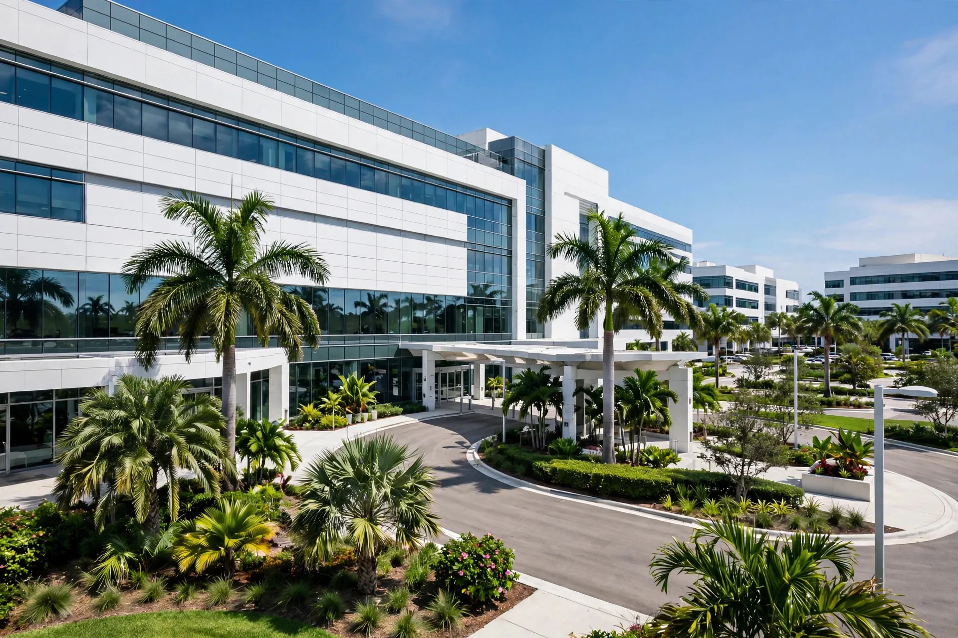 Modern hospital building with palm trees and an entrance drive in Broward County, Florida