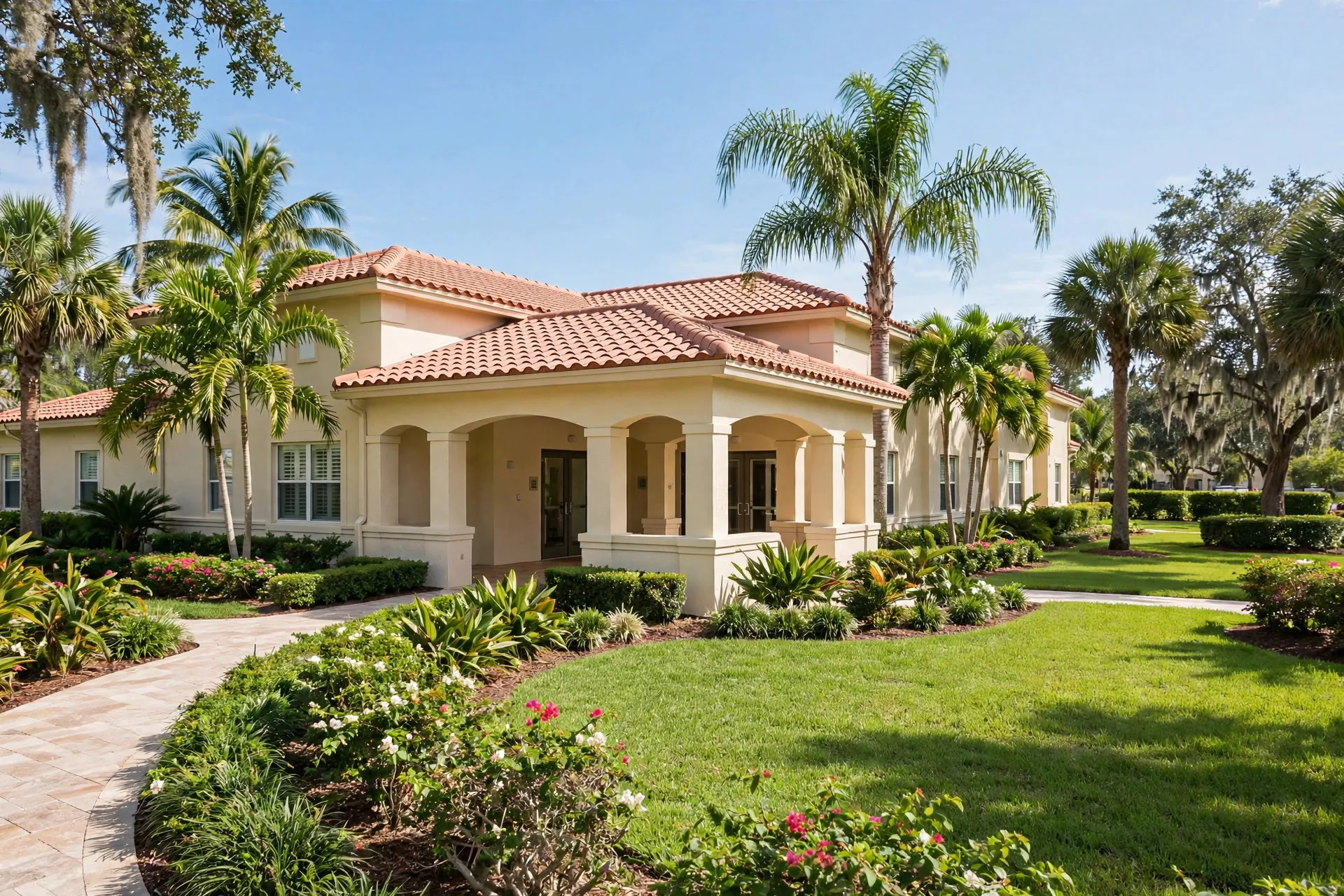 South Florida nursing home residence with a covered entrance, palm trees, and landscaped grounds in Broward County