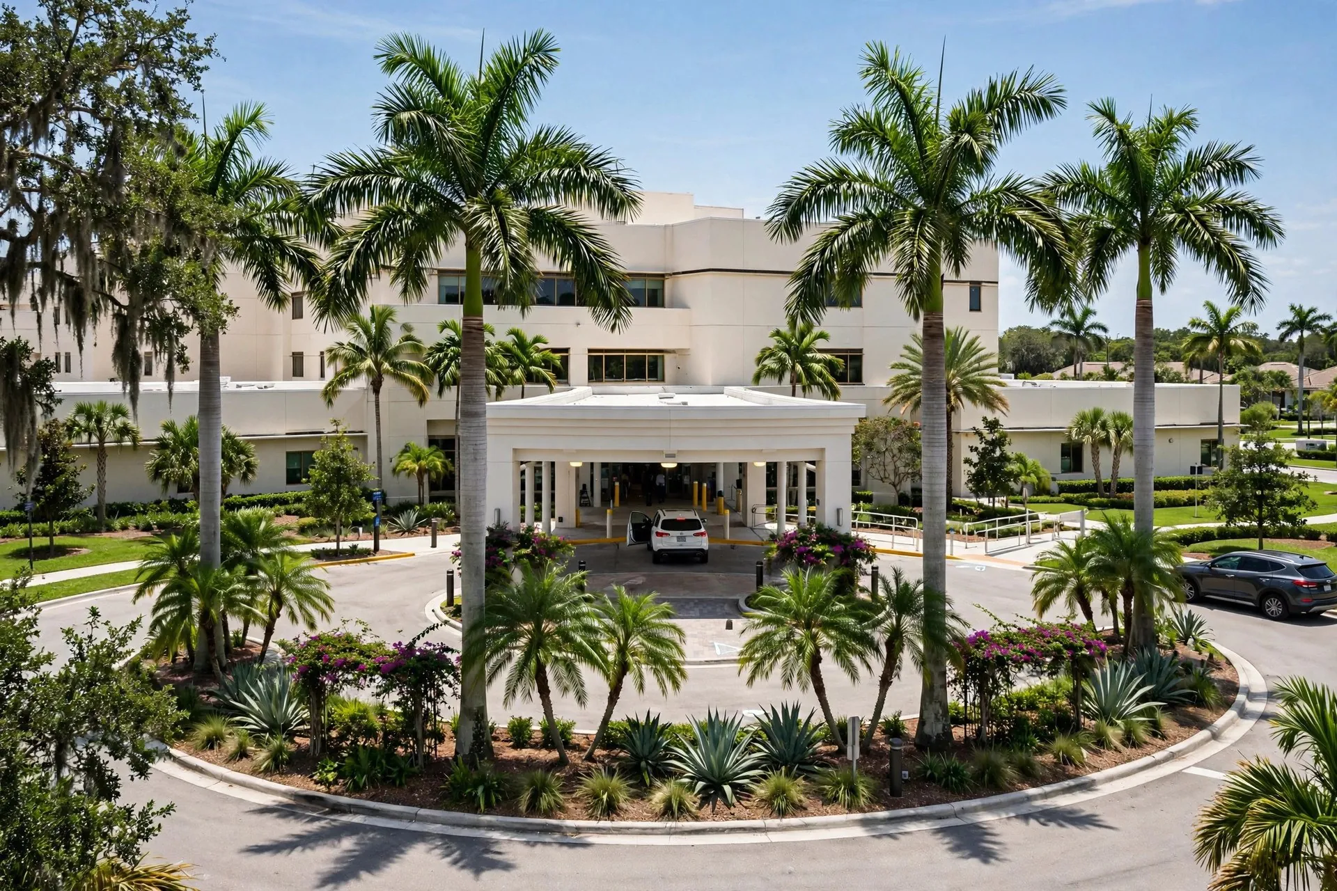 Suburban Broward County hospital with a palm-lined circular drive and covered patient entrance in Coconut Creek, Florida