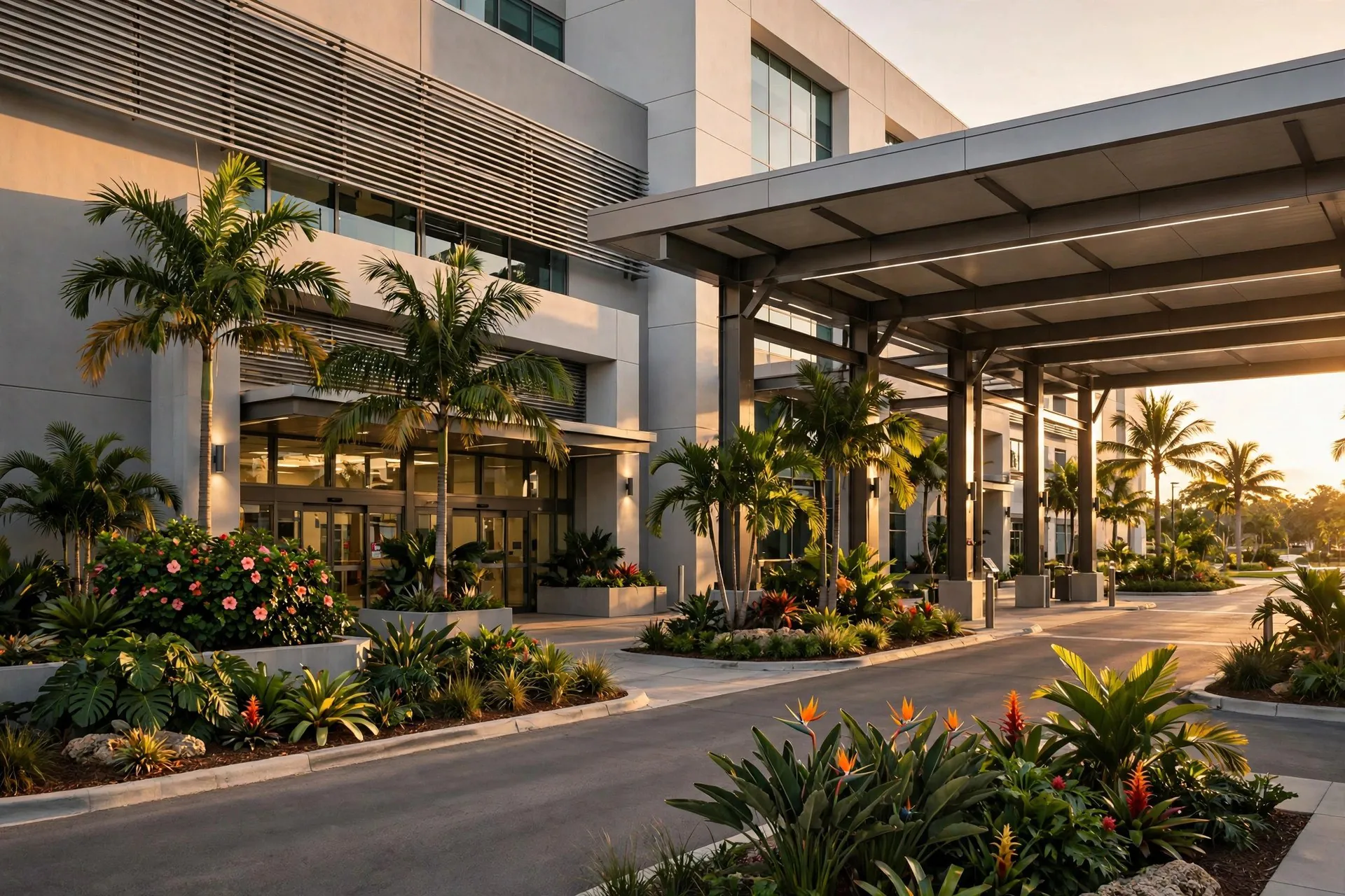 Hospital entrance with a covered drop-off canopy and palm trees in Palm Beach County, Florida, at golden hour