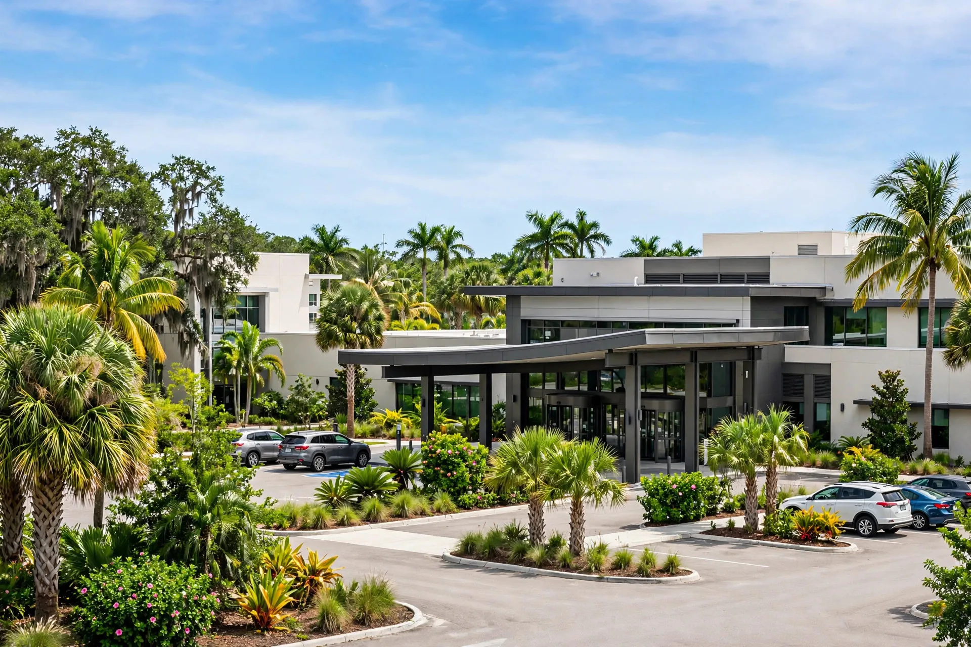Sarasota Memorial Hospital exterior in Sarasota, Florida, with palm trees — Rafferty Domnick Cunningham & Yaffa