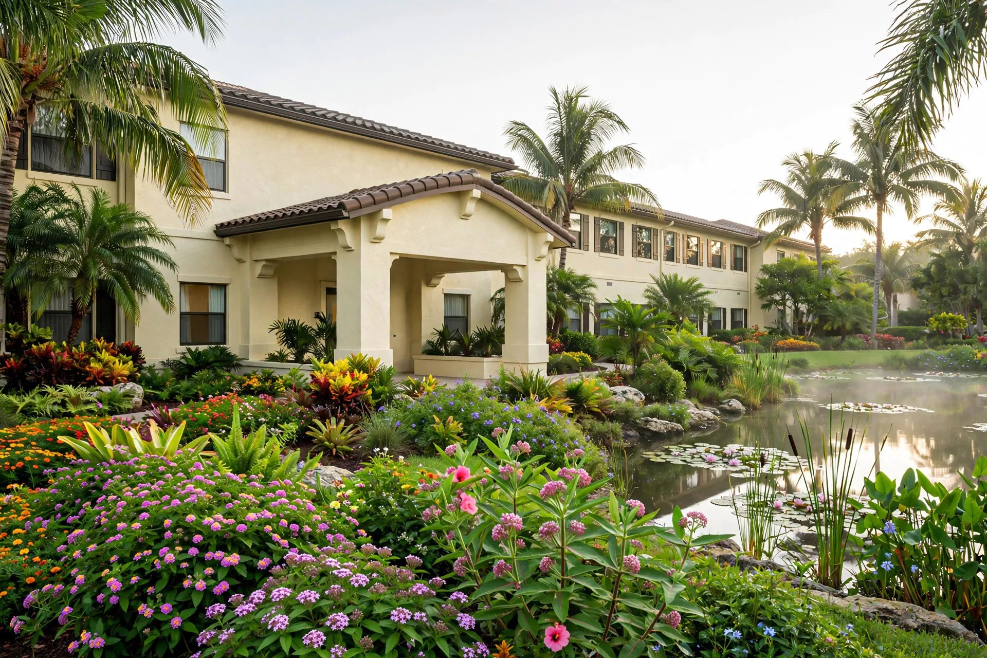 Two-story nursing home and senior living residence beside a pond with flower gardens in Coconut Creek, Florida
