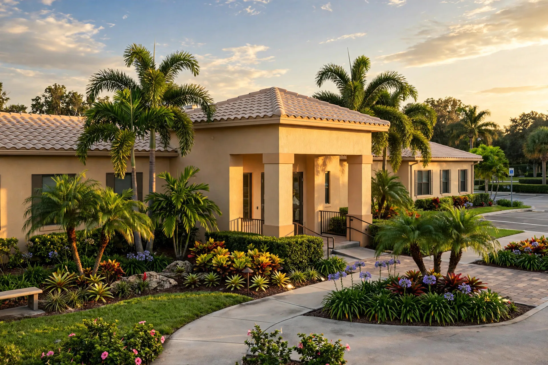Single-story Florida nursing home residence with a tiled-roof entrance portico, palm trees and flowering gardens in Coral Springs, Florida — Rafferty Domnick Cunningham & Yaffa