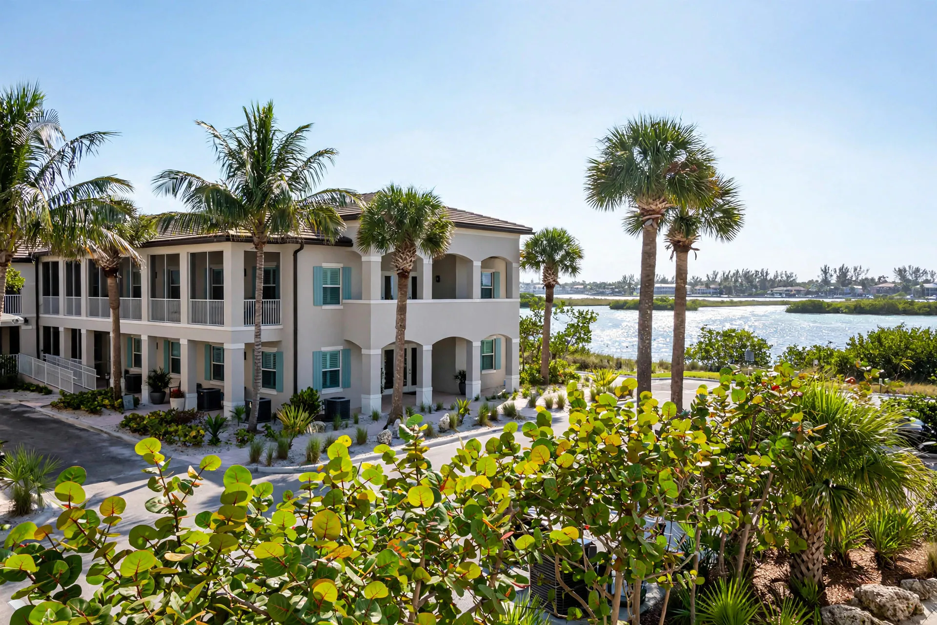 Coastal two-story nursing home and senior residence with palm trees near the Intracoastal in Dania Beach, Florida