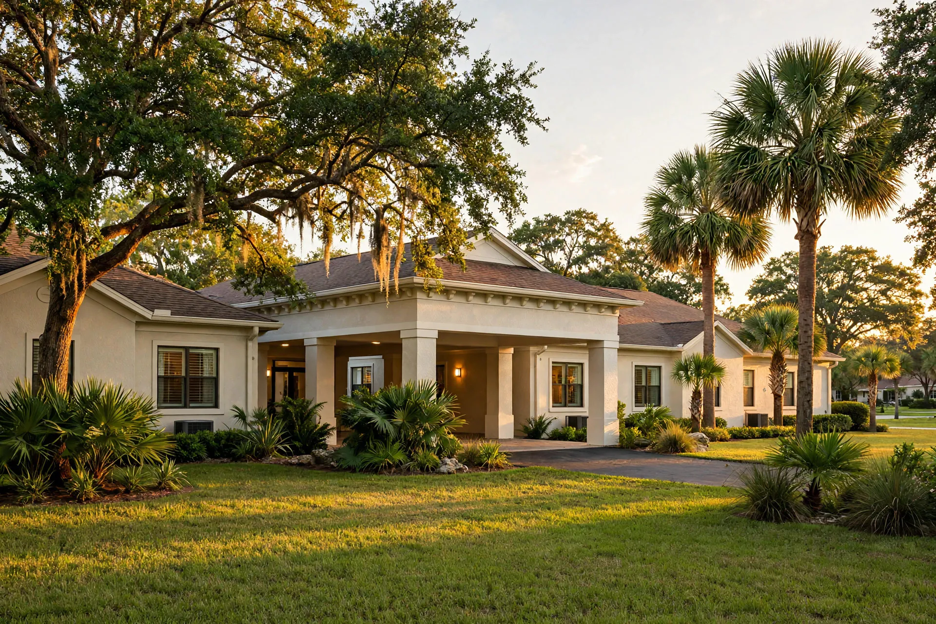 Single-story Florida nursing home residence with a columned covered entrance, palm trees and a large oak in Davie, Florida — Rafferty Domnick Cunningham & Yaffa