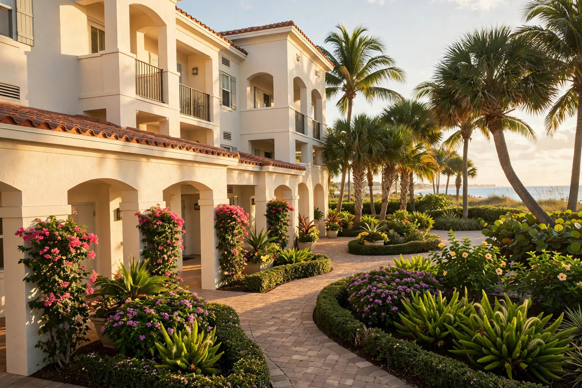 Multi-story coastal Florida senior living residence with arched walkways, flowering gardens and palm trees near the ocean in Deerfield Beach, Florida — Rafferty Domnick Cunningham & Yaffa