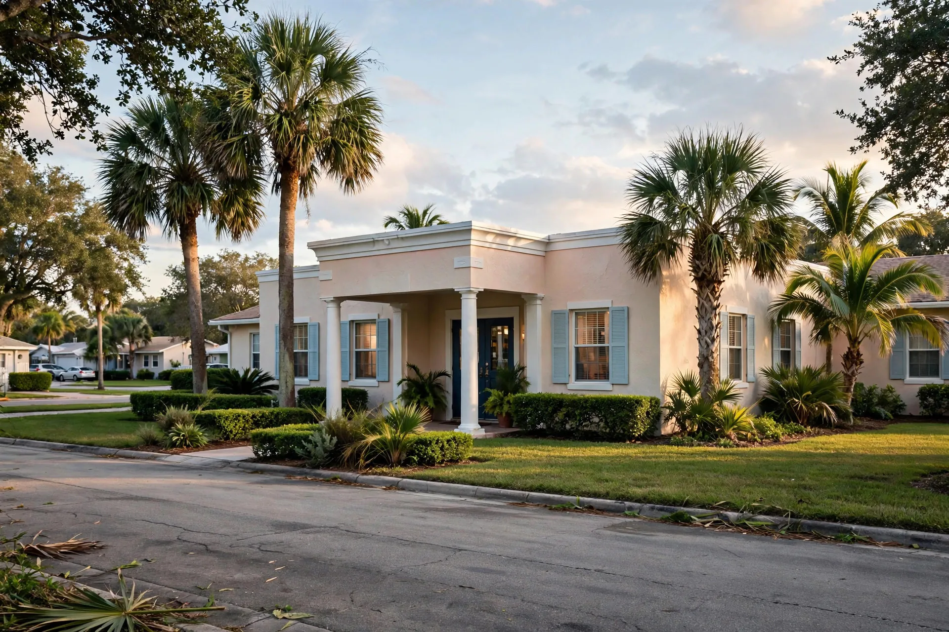 Single-story nursing home residence with a columned portico, palm trees, and a quiet street in Lantana, Florida