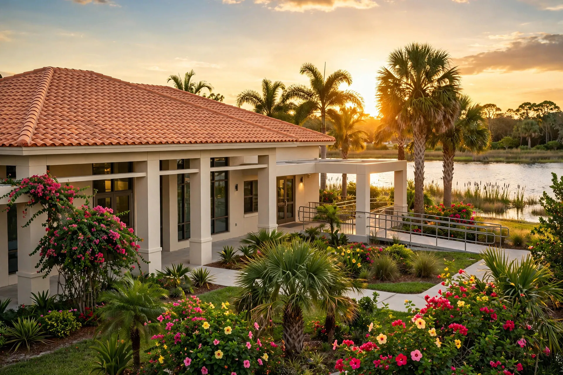 Nursing home and rehabilitation center exterior beside a lake at sunset in Margate, Florida