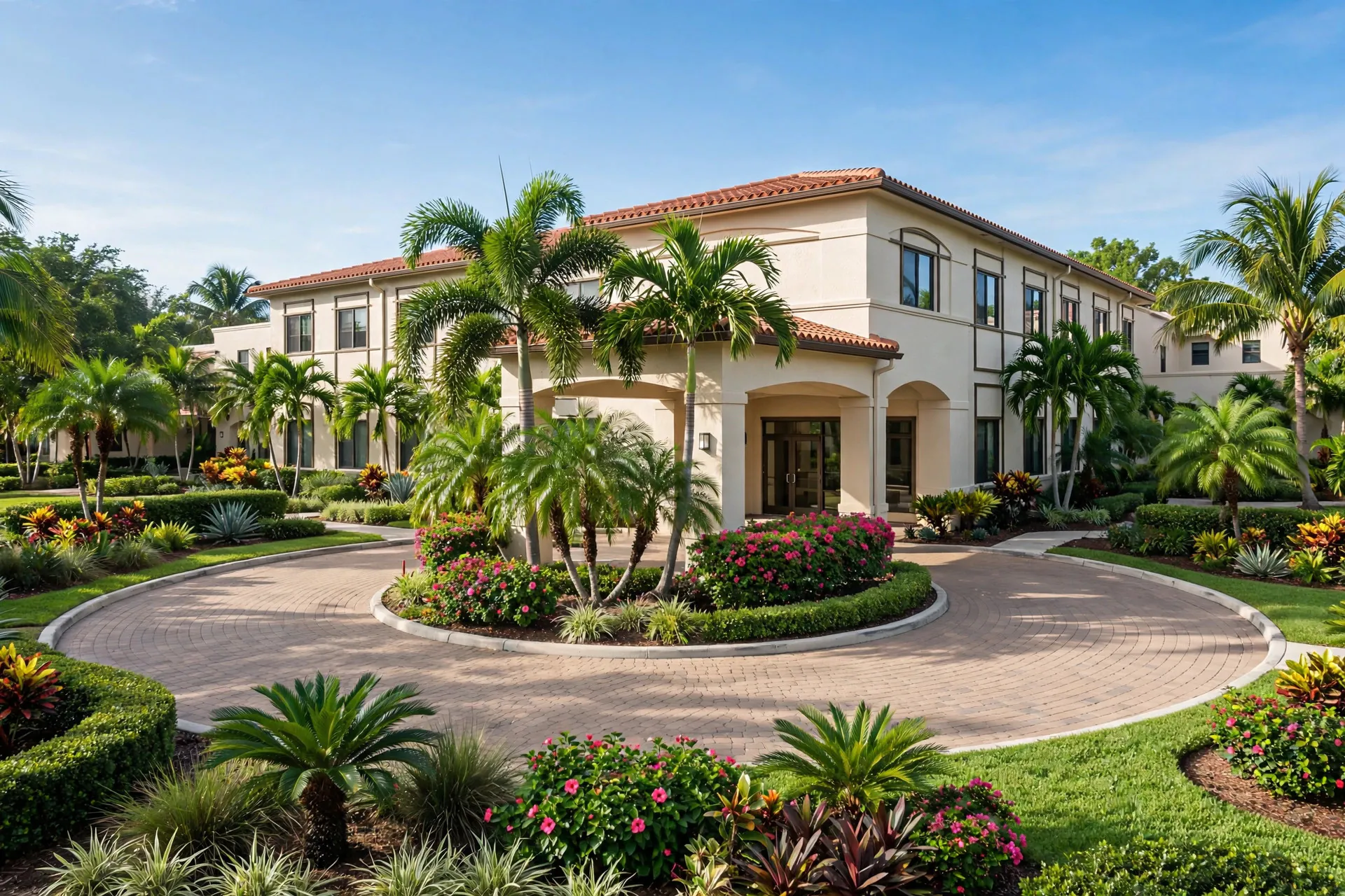 Senior living and skilled nursing residence with a covered entrance, circular drive, and palm landscaping in Palm Beach Gardens, Florida