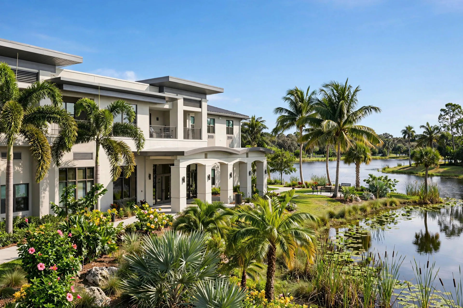 Senior care residence in Pembroke Pines, Florida, with palm trees and tropical landscaping