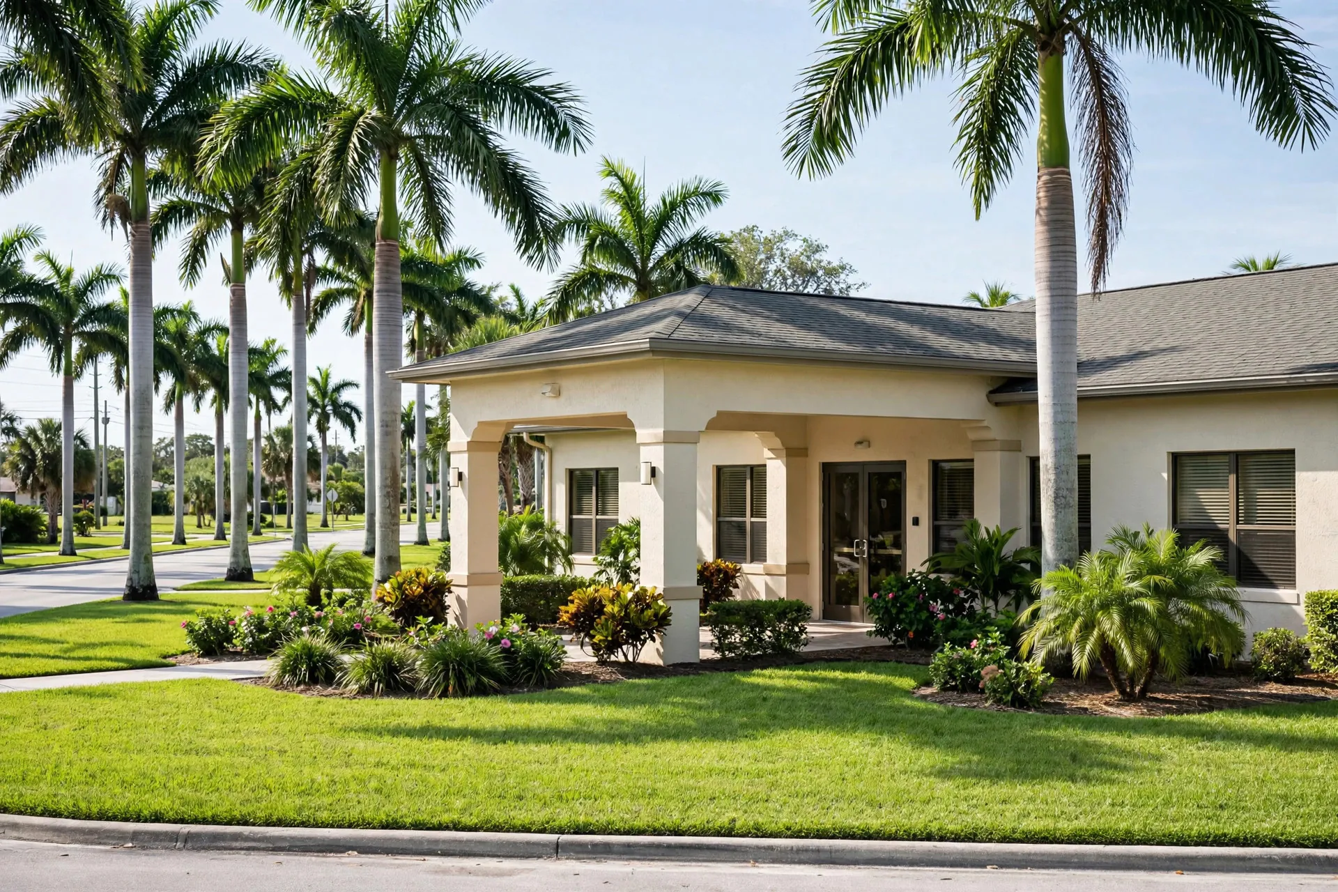 Nursing home and senior care residence in Pompano Beach, Florida, with palm trees and a covered entrance