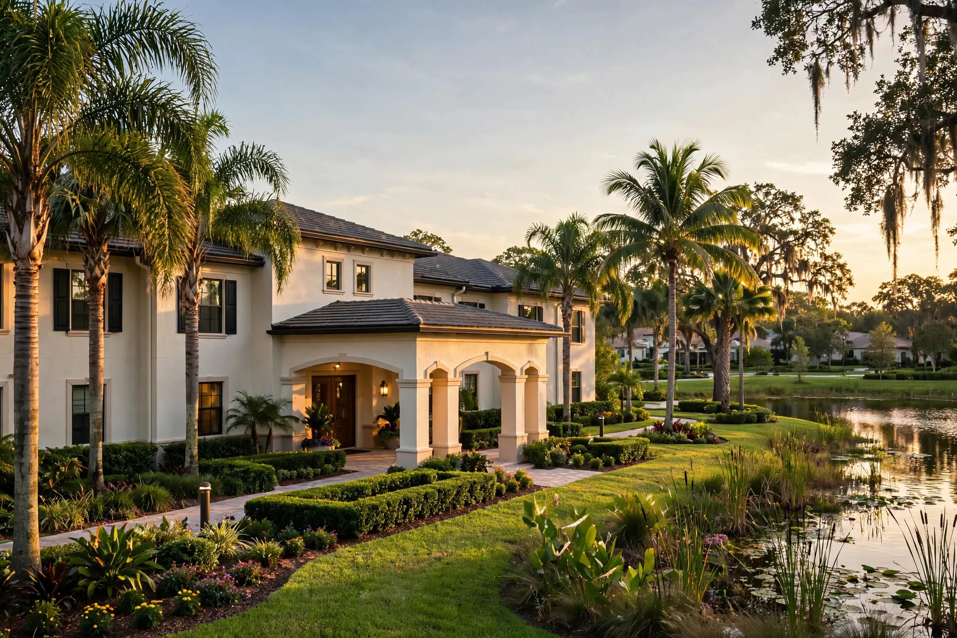 Two-story Florida senior living residence with a covered arched entrance, palm trees and manicured gardens beside a lake in Weston, Florida — Rafferty Domnick Cunningham & Yaffa