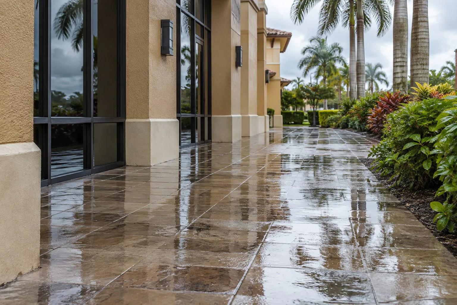 Rain-wet tile walkway outside a Florida commercial property