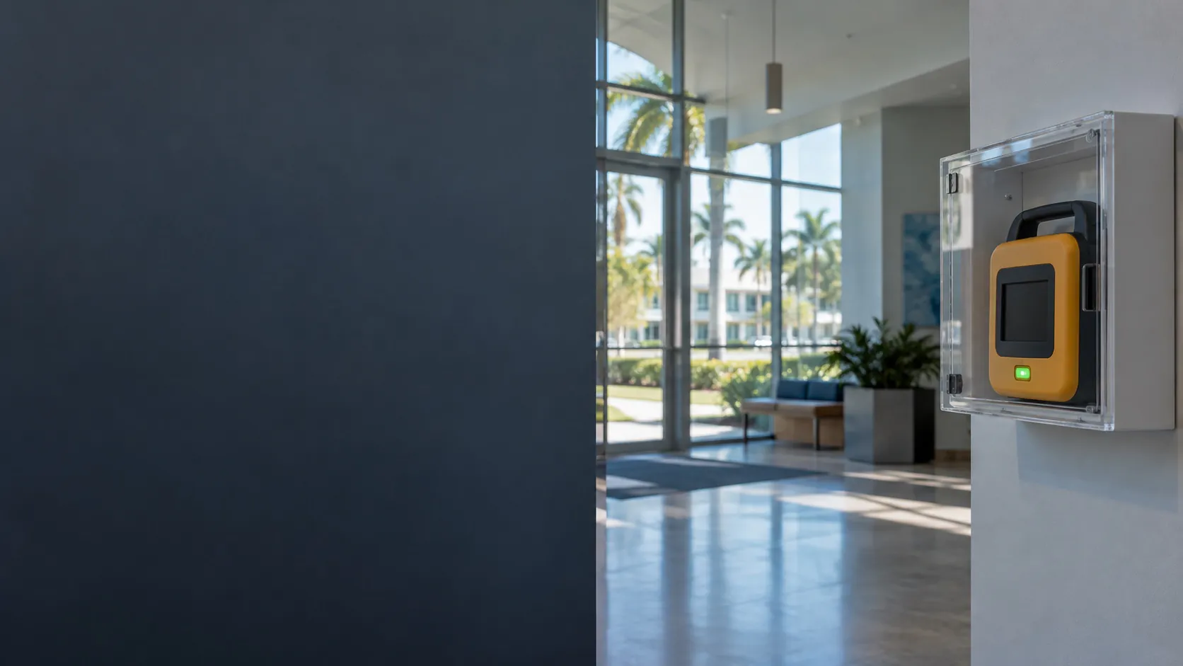 Wall-mounted emergency defibrillator in a Florida-style recreation center lobby